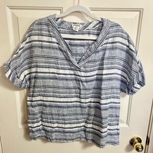 Artisan NY 100% Linen Blue & White Striped V-neck Shirt Size Large